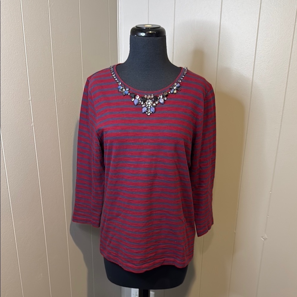J. Crew Women’s Medium Red Embellished Long Sleeve Shirt Faux Crystal Neckline